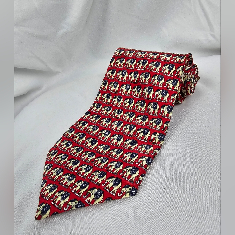 Rene Chagal Handmade Royal Elephant Red & Blue Silk Neck Tie